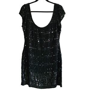 SCALA Black Beaded Sequin Scoop Neck Cocktail Party Mini Dress‎ Women's Size 14